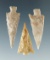 Set of three Columbia River arrowheads, one has a snapped base. Largest is 1 1/4