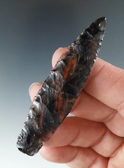 2 3/4" Paleo Lind Coolee - triple-flow obsidian with excellent flaking. Found in Lake County Oregon.