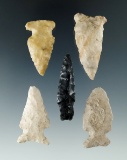 Set of five assorted Columbia River arrowheads, largest is 1 9/16