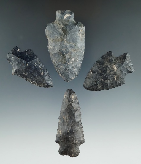 Set of four Heavy Duty points made from Coshocton Flint found in Ohio, largest is 2 3/8".