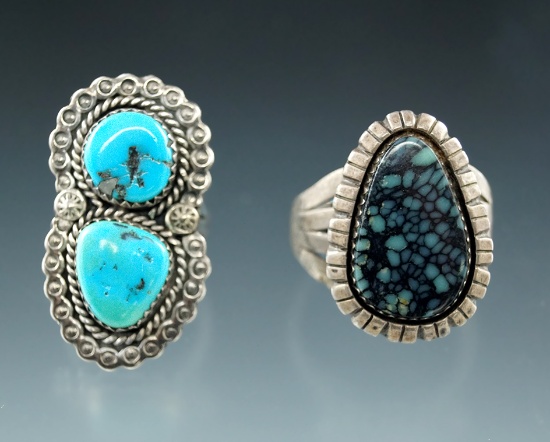 Pair of large turquoise and silver vintage Southwestern rings.