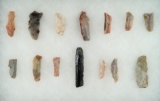 Group of 14 Bladelets, 13 are Flint Ridge from Licking Co. Ohio, one is Obsidian from Mexico.