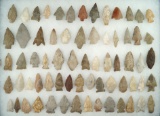 Group of 67 assorted arrowheads from various locations, largest is 2 3/8