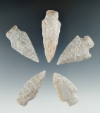 Set of five nicely made quartz points found in New Jersey, largest is 2 7/16