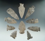 Set of 10 mostly Onondaga Flint arrowheads found near the Genesee River, Allegheny Co., NY.
