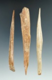 Set of three bone Awls in nice condition, one is broken and glued. Largest is 4 7/8