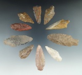 Set of 10 assorted arrowheads from various states, largest is 2 7/8