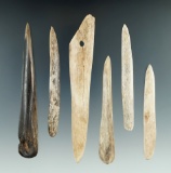 Group of six Bone Awls and Projectile points, largest is 5 3/8