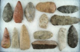 Group of 14 flaked Knives and Blades found in the Midwestern U. S.  Largest is 4 1/4