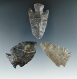 Set of three Coshocton Flint points found in Ohio, largest is 2