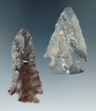 Pair of Archaic Cornernotch arrowheads found in Ohio, largest is 2 3/8