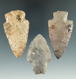 Set of three early Woodland points made from Flint Ridge Flint. Ex. Jack Hooks, Irv Dougherty.