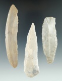 Nice set of three Paleo Uniface Knives made from Flint Ridge Flint found in Ohio, largest is 4 3/8