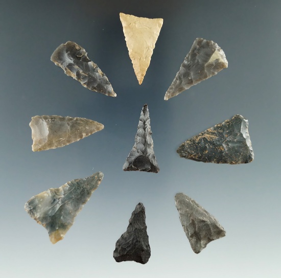 Set of nine Madison/Hamilton triangular arrowheads, largest is 1 5/16". All found in East Tennessee.