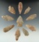 Set of 10 Quartz arrowheads found in New Jersey, largest is 2 7/16