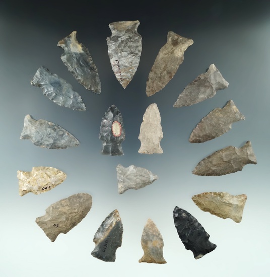 Group of 17 assorted arrowheads found in Ohio, largest is 2 3/16".