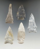 Set of five Archaic points found in Delaware Co., Ohio. largest is 2 5/8