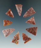 Set of nine arrowheads found in Texas made from attractive materials, largest is 3/4