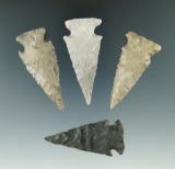 Set of four well styled Endsor points found in Texas, largest is 2 1/16