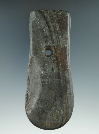 4 5/8" Adena Keyhole Pendant made from gray and black Banded Slate, found in Hancock Co., Ohio. Pict