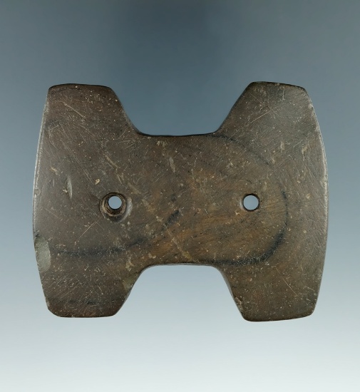 3" Hopewell Reel Gorget made from brown and black Banded Slate, found in Crawford Co., Ohio. Picture