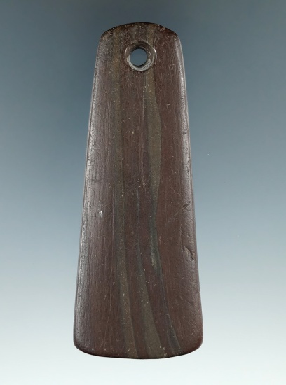 3 13/16" Adena Trapezoidal Pendant made from red Banded Slate, found in Richland Co., Ohio.
