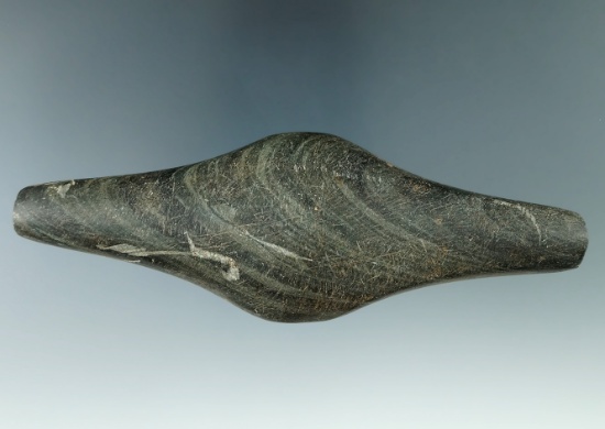 5" Undrilled Adena Expanded Center Gorget made from green and black Banded Slate.Hamilton Co., India