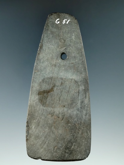 4 1/4" Hopewell Trapezoidal Penant made from gray Banded Slate, found in Richland Co., Ohio.