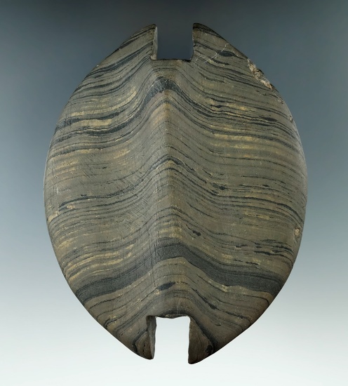 4 15/16" Archaic Double Notched Ovate made from green and black Banded Slate, found in Ohio. Picture