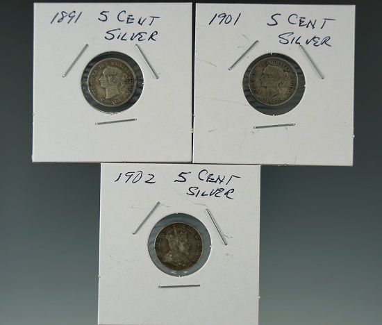 1891, 1901, & 1902 Canadian 5 Cent Silvers.