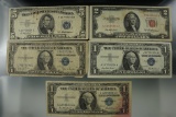 1935D, 1957, & 1957 One $ Silver Certs; 1953A Two $ Red Seal Note; 1953A Five $ Silver Certificate.