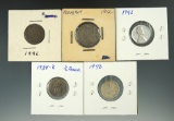 1934-B 1/2 Franc, 1942 Mercury Dime,  1912-V Nickel, 1886 Indian Cent, & 1943 Lincoln Cent.