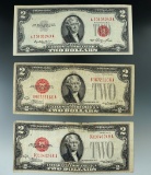 1928-D, 28C, & 1953 Red Seal 2 Dollar U.S. Notes.