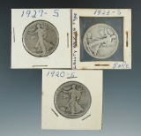 1920-S, 1923-S, & 1927-S Walking Liberty Half Dollars.
