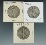 1935-S, 1936-S, & 1937-S Walking Liberty Half Dollars.