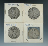 1934-S, 1939-S, 1941-S, & 1943-S Walking Liberty Half Dollars.