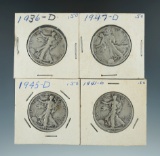 1936-D, 1941-D, 1945-D, & 1947-D Walking Liberty Half Dollars.