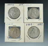 1951-S, 1952, 1954, & 1963 Franklin Half Dollars.