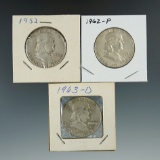 1952, 1962, & 1963-D Franklin Half Dollars VF/XF.