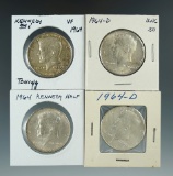 2- 1964 & 2- 1964-D Kennedy Half Dollars VF/AU.