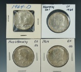 2- 1964 & 2- 1964-D Kennedy Half Dollars VF/AU.