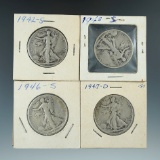 1942-S, 1943-S, 1946-S, & 1947-D Walking Liberty Half Dollars.