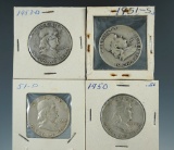 1950, 1951, 1951-S, & 1953-D Franklin Half Dollars.