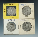 1942-S, 1943-S, 1944-S, & 1945-S Walking Liberty Half Dollars.