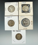 1898 Barber, 1929 Standing Liberty, 1953-D, 1962, & 1964-D Washington Quarters.