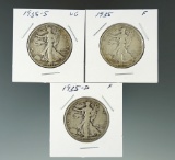 1935, 1935-D, & 1935-S Walking Liberty Half Dollars VG/F.