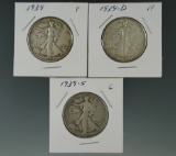 1939, 1939-D, & 1939-S Walking Liberty Half Dollars G/VF.