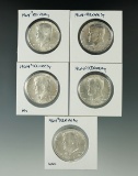 5- 1964-D Kennedy Half Dollars AU.