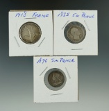 1835 & 1893 6 Pence, & 1918 1 Franc.