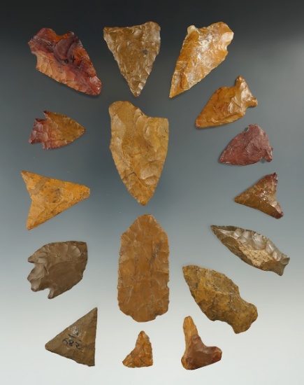 Group of 16 Jasper arrowheads found in New York, largest is 2 1/8". Mickey Taylor "Iron Horse".